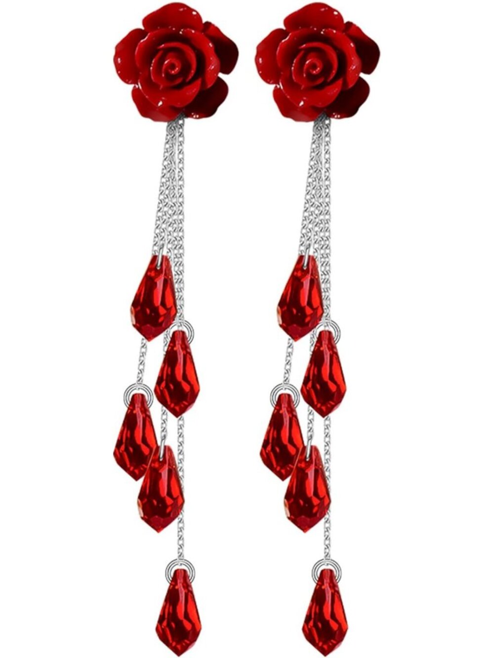 Boho Red Rose Tassel Drop Earrings, 925 Sterling Silver Dangle with Crystals